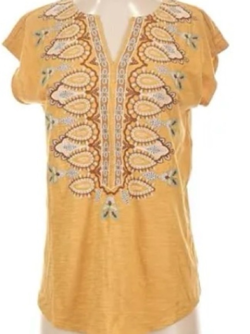 women’s Embroidered V-Neck Short Sleeve Top - Mustard